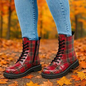 Torrid Stevie Combat Boots Red Plaid Moto Shiny Polished Sz 10.5WW Zip Lace Up